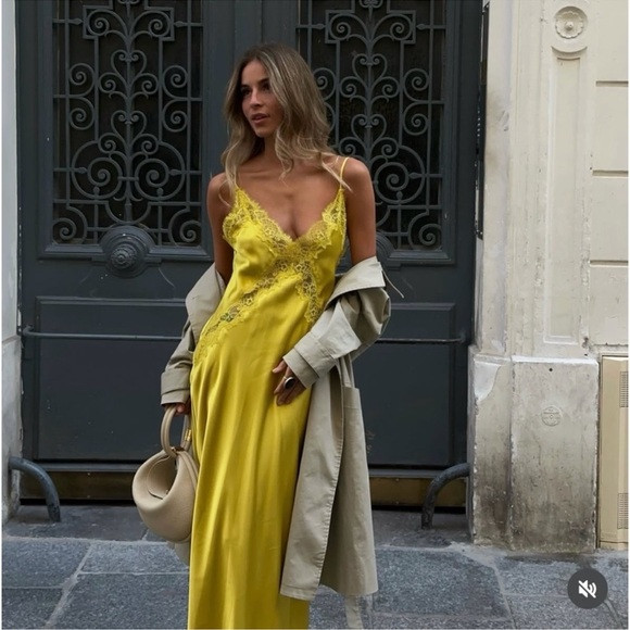 ZARA Yellow Satin Midi Slip Dress with Lace, New | Poshmark