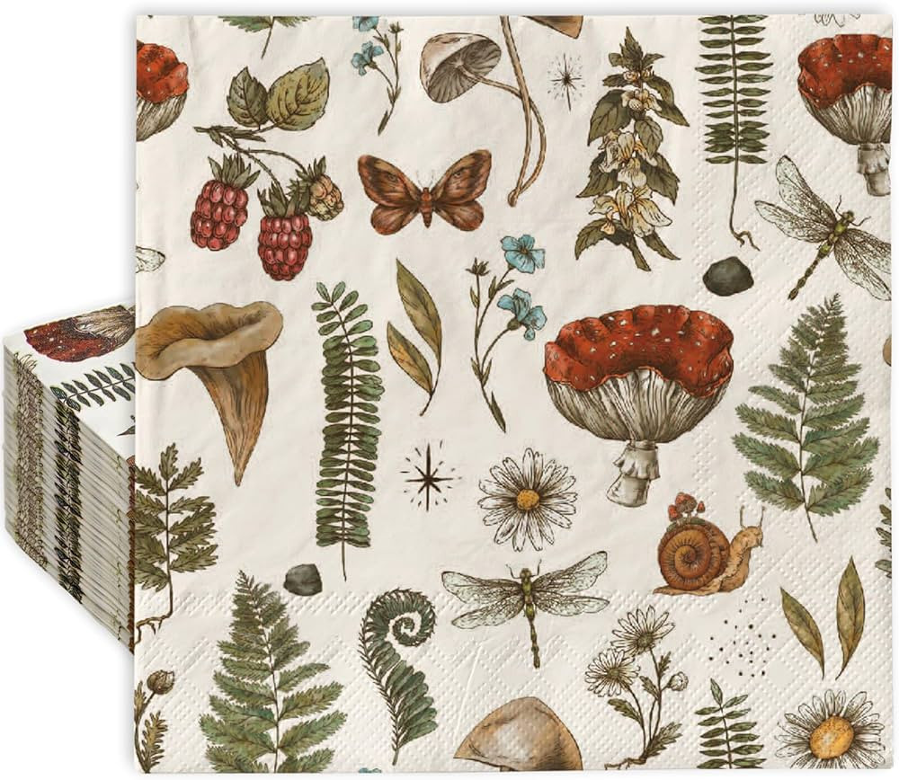 AnyDesign 80Pcs Vintage Mushroom Paper Napkins Disposable Mushroom Plants Luncheon Napkins Retro ... | Amazon (US)