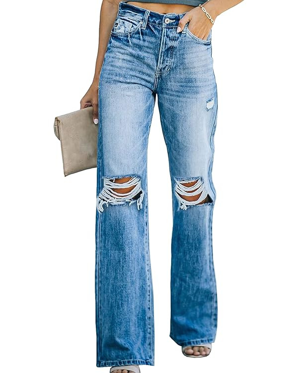 Sidefeel Women's Ripped High Waisted Flared Jeans Wide Leg Destroyed Denim Pants | Amazon (US)