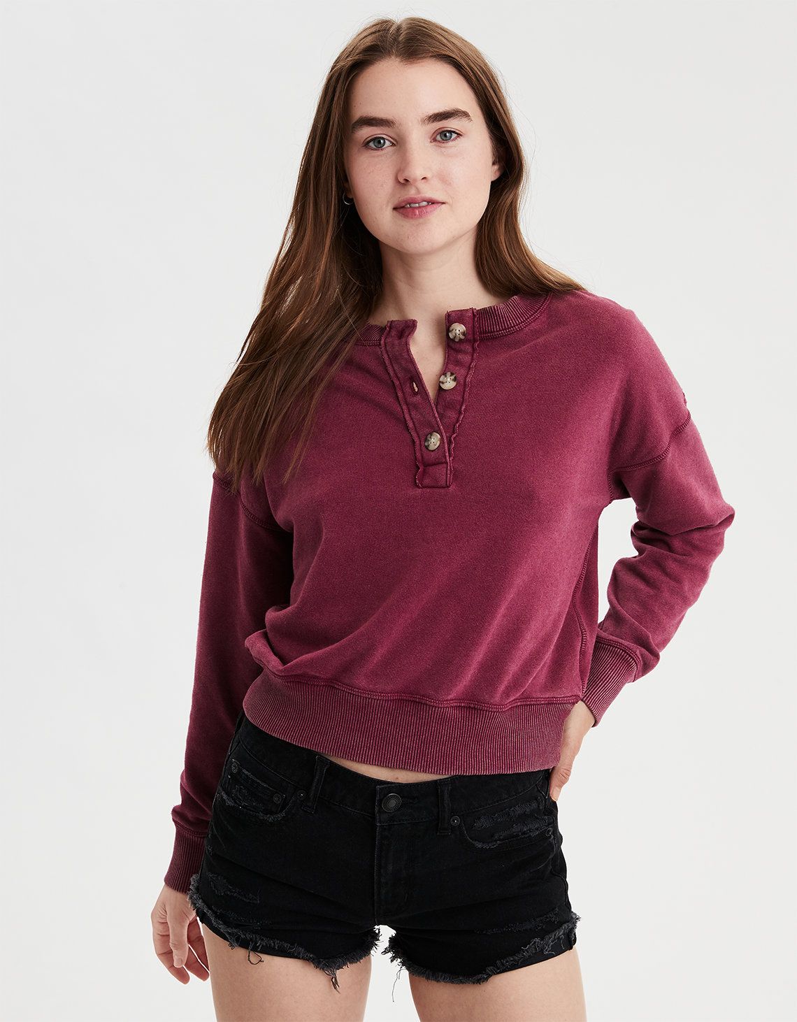 AE Ahhmazingly Soft Henley Sweatshirt, Berry | American Eagle Outfitters (US & CA)