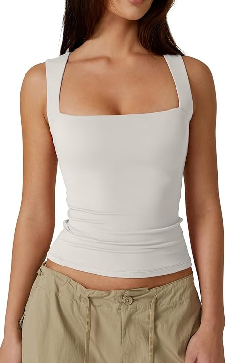 QINSEN Women's Square Neck Sleeveless Double-Layer Tank Tops Basic Tight T Shirts | Amazon (US)