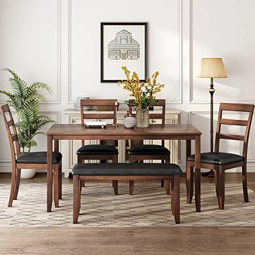 Farmhouse 6-Piece Dining Room Table Set, Simple Wooden Dining Table with PU Cushion Chair and Bench, | Amazon (US)