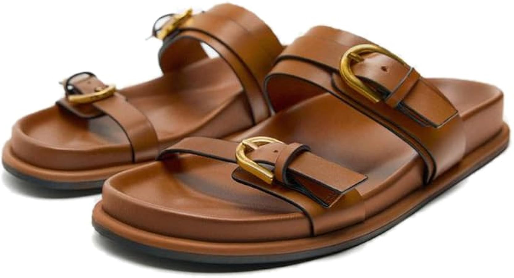 Women's Double Buckle Flat Slide Sandals Comfortable Wide Width Open Toe Flat Sandals Slip on Sum... | Amazon (US)