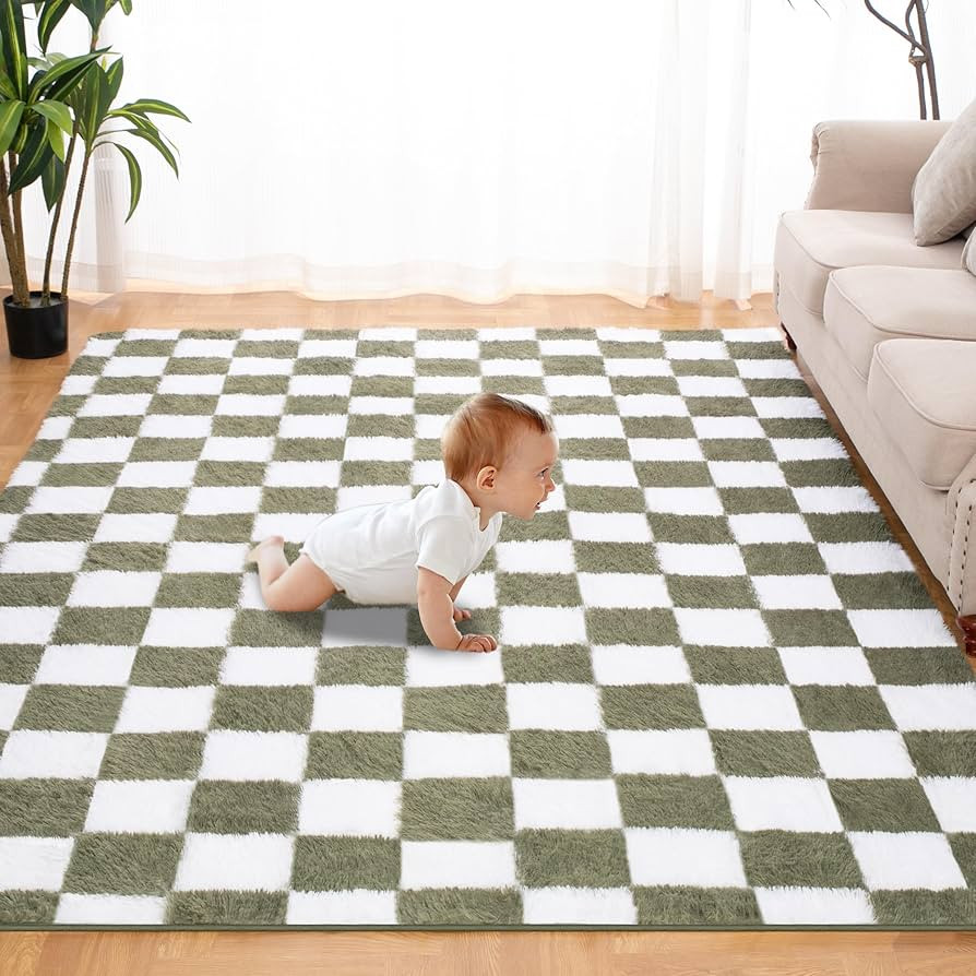 Super Soft Rug for Bedroom, 3x5 Ft Green and White Area Rug Classic Checkered Shaggy Anti-Skid Hi... | Amazon (US)