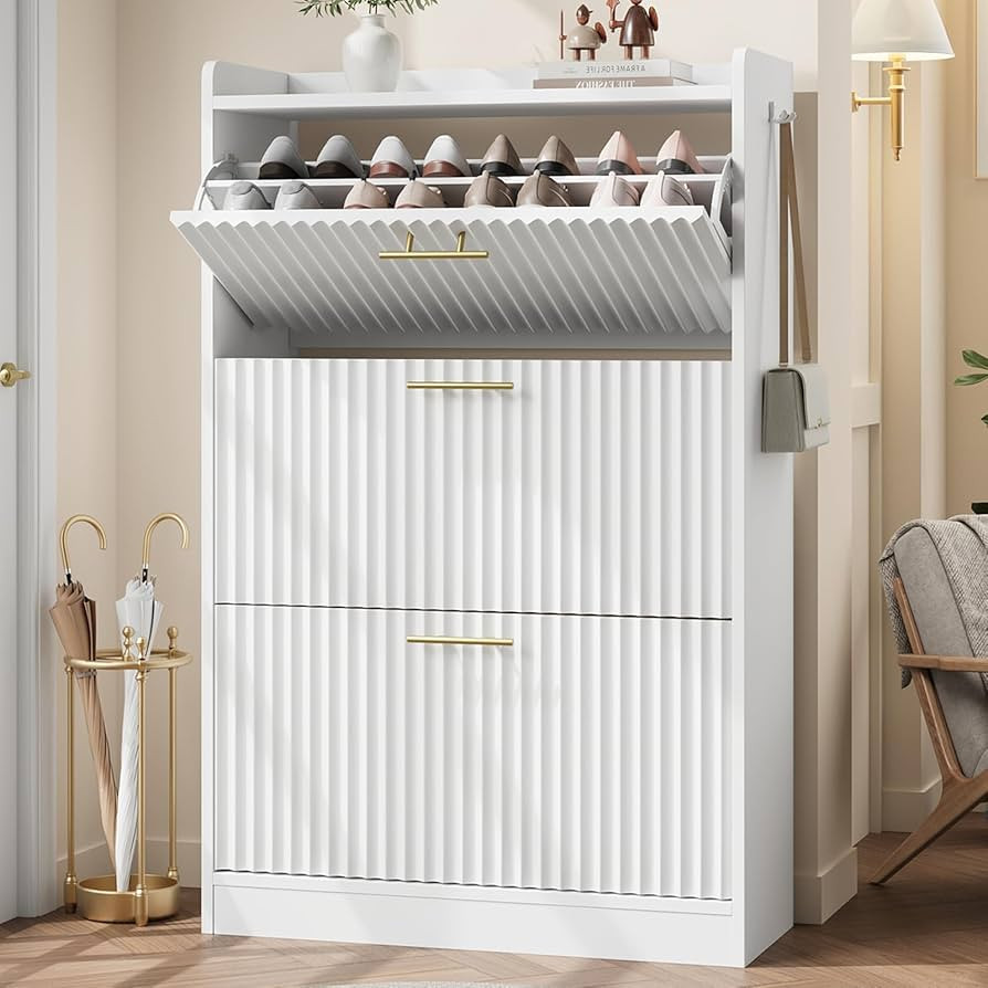 Shoe Cabinet Storage for Entryway Hidden Shoes Storage Cabinet with 3 Flip Drawers, Modern Fluted... | Amazon (US)