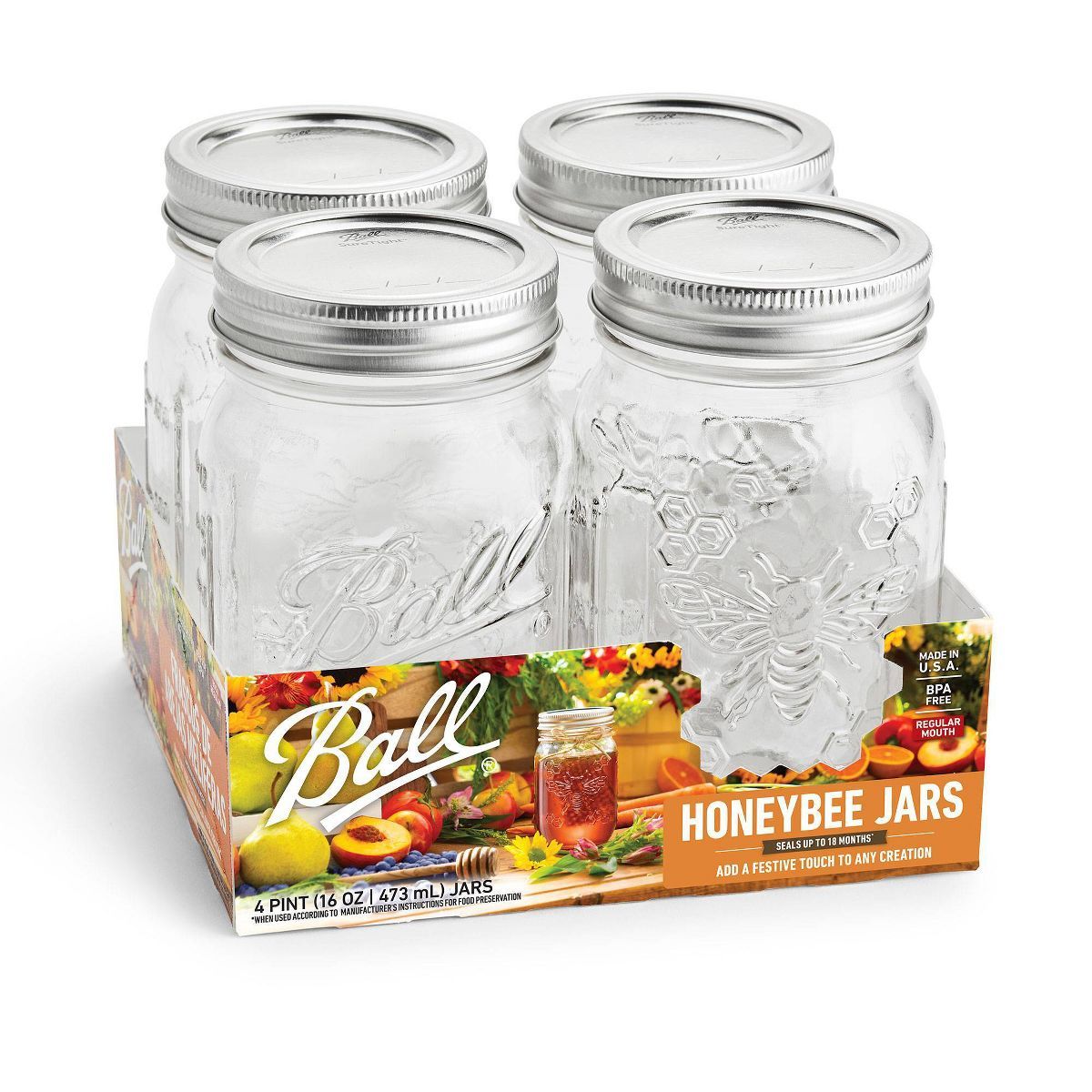 Ball 4pk Regular Mouth 16oz Pint Jars Honeybee Keepsakes Jars with Lids and Bands | Target