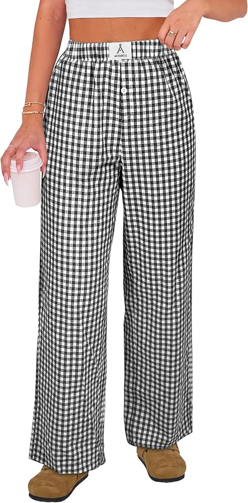ANRABESS Womens Striped Gingham Pants 2025 Pajama Lounge Boxer Pants Cute PJ Bottoms Casual Wide ... | Amazon (US)