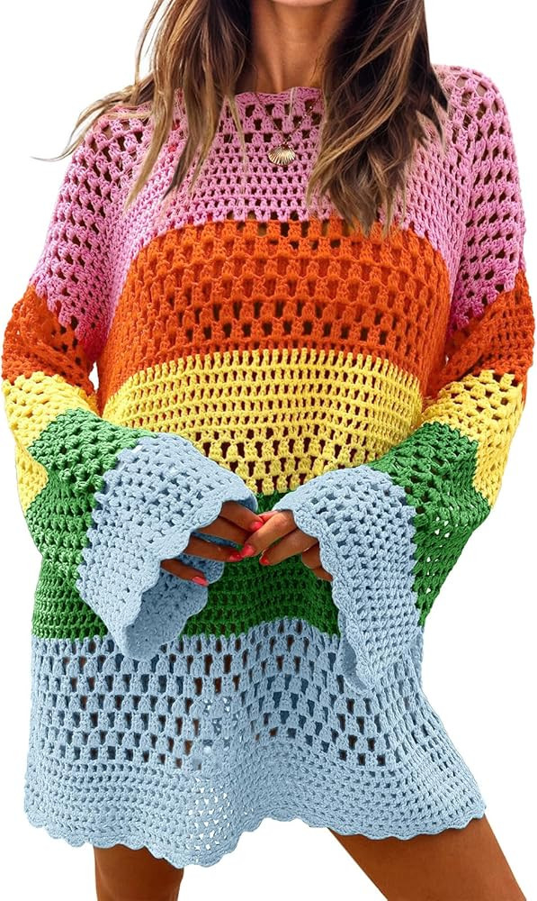 Langwyqu Womens Crochet Swimsuit Coverup Long Sleeve Color Block Bathing Suit Cover Ups Summer Be... | Amazon (US)