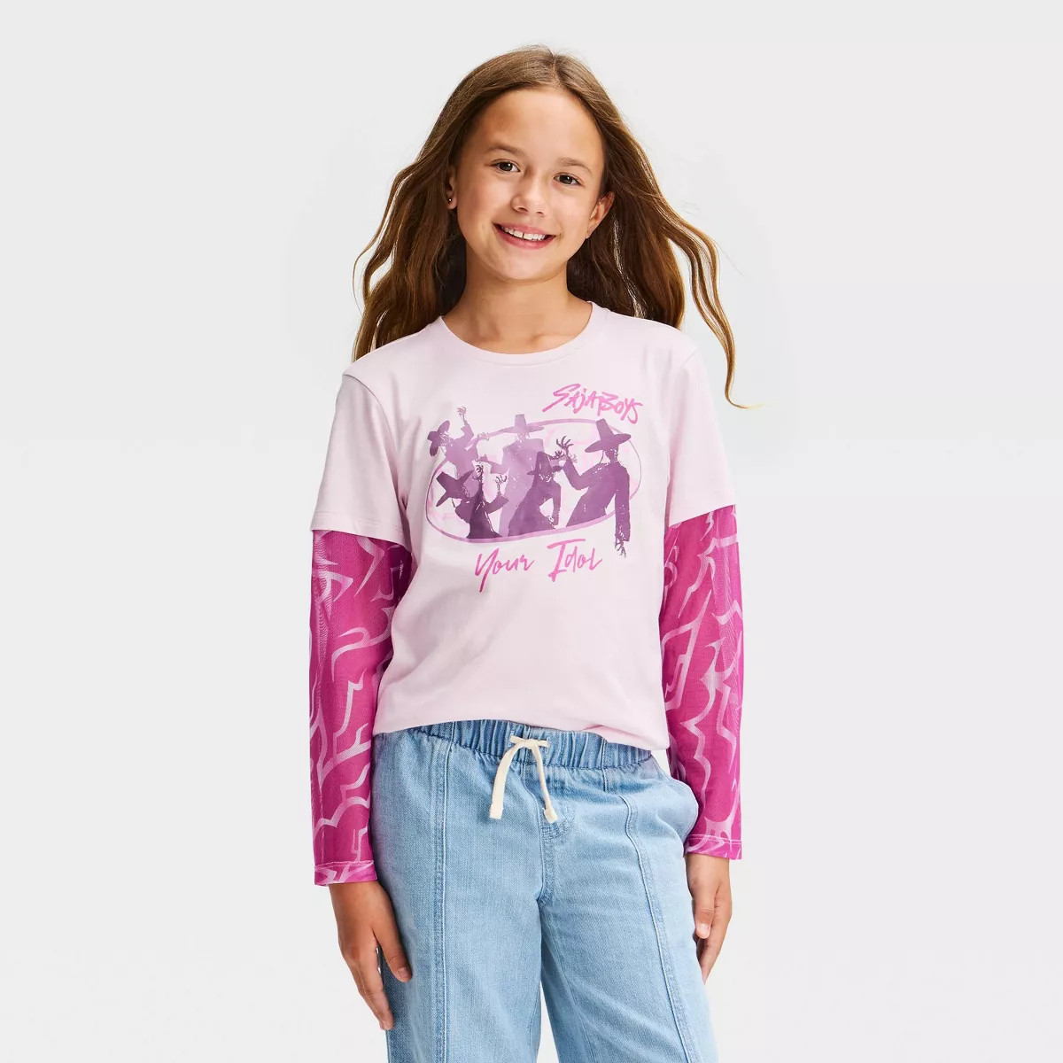 Girls' KPop Demon Hunters "Saja Boys" 2-Fer Long Sleeve Graphic T-Shirt with Mesh - Pink L | Target