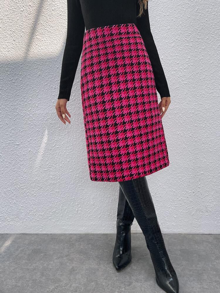 SHEIN Houndstooth Print Split Back Tweed Skirt | SHEIN