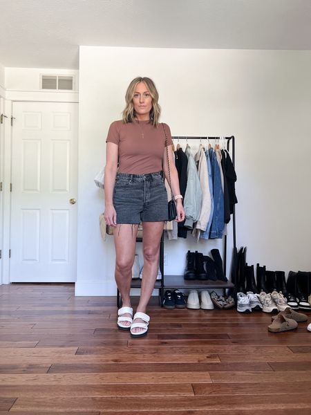 Spring outfit. Spring outfit idea. Summer outfit. Summer outfit idea. Basic tee. Fitted tee. Mom shorts. Denim shorts. Platform sandals. Basic mom outfit. Casual outfit idea. Casual outfit. Everyday outfit. Mom outfit. 

#LTKSeasonal #LTKFindsUnder100 #LTKFindsUnder50