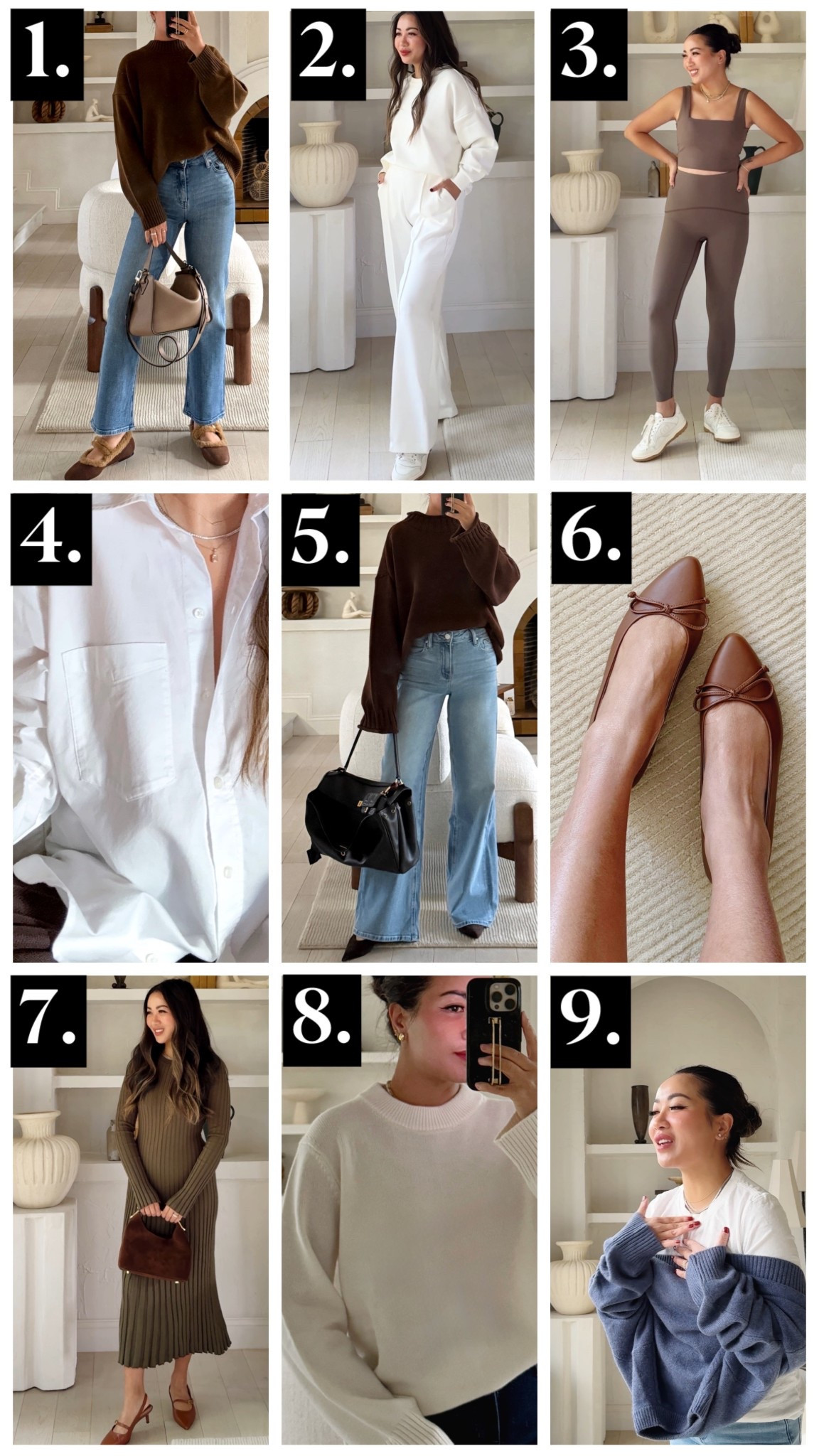 1.) QUINCE Bella Straight Leg: Midsection comfortable and petite-friendly! I’m wearing 26x26. Super comfortable with stretch and it doesn’t lose shape after hours of wear throughout the day. Color ‘Seaside Blue’.

2.) WALMART Lounge Set! Soft and comfortable. Midsection and petite-friendly. I’m wearing XS Short in the pants and XS in the sweater. 

3.) SPANX Leggings: An absolute favorite! Shows no folds or camel toe. I’m wearing size Small, length is petite-friendly. 

4.) GAP Button Up: Organic cotton shirt, substantial weight with sharpness and a relaxed drape. I’m wearing an XXS, perfectly oversized fit on me.

5.) QUINCE Bella Wide Leg: Very comfortable for midsection/postpartum tummy! Flattering wide/straight leg shape. I’m wearing 26x30, color ‘Frosted Blue’.

6.) QUINCE Leather Flats: Buttery soft leather in a classic style. Very comfortable. I find the fit tts.

7.) QUINCE Sweater Dress: Cotton cashmere, soft and so flattering (especially a midi length on petite frames). I’m wearing an XS.

8.) QUINCE Cashmere Crewneck. This cashmere sweater is over by $20 but I think it’s 100% worth it. So incredibly soft, not itchy and such a classic item in your wardrobe. I’m wearing a size XS.

9.) QUINCE Tee: Under $20 and so good! I’m a huge fan of this organic cotton texture. I wear an XS underneath sweaters so it peeks out and wear a Small for a tad oversized fit on its own (like with jeans).

#LTKPetite #LTKFindsUnder100 #LTKFindsUnder50