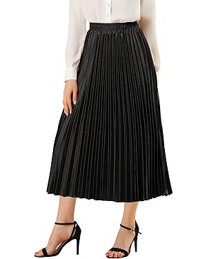 Allegra K Women's Party Elastic Waist Metallic Shiny Accordion Pleated Midi Skirt | Amazon (US)