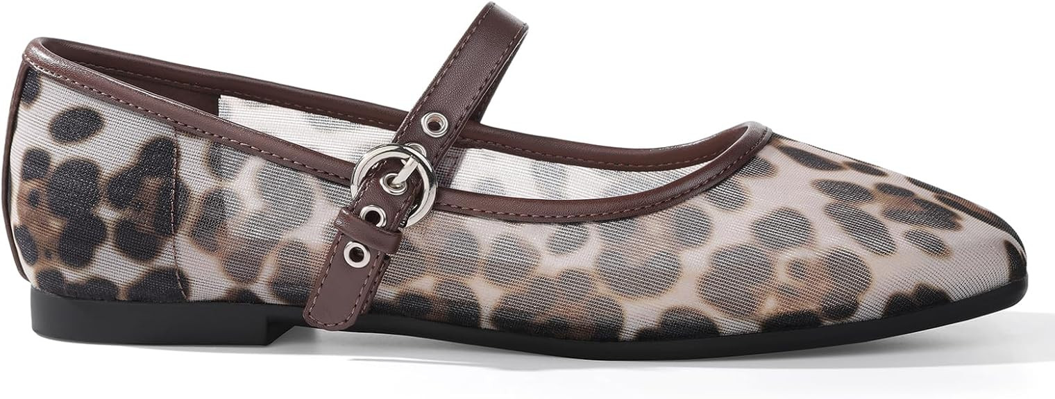 ATHMILE Women's Leopard Mesh Flats for Women Mary Janes Shoes Women Square Toe Ballet Flats with ... | Amazon (US)