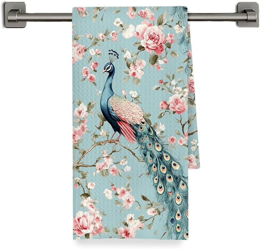 Chinoiserie Pink Rose Peacock Kitchen Towels Decorative, Grandmillennial Flower Botanical Bird Di... | Amazon (US)