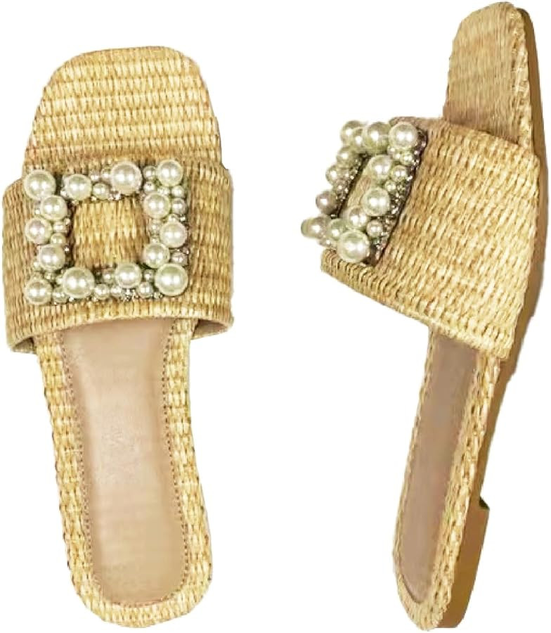 Women's Pearl Weave Wide Width Flat Slides Sandals Fashion Non-Slip Square Toe Slip On Summer Wal... | Amazon (US)