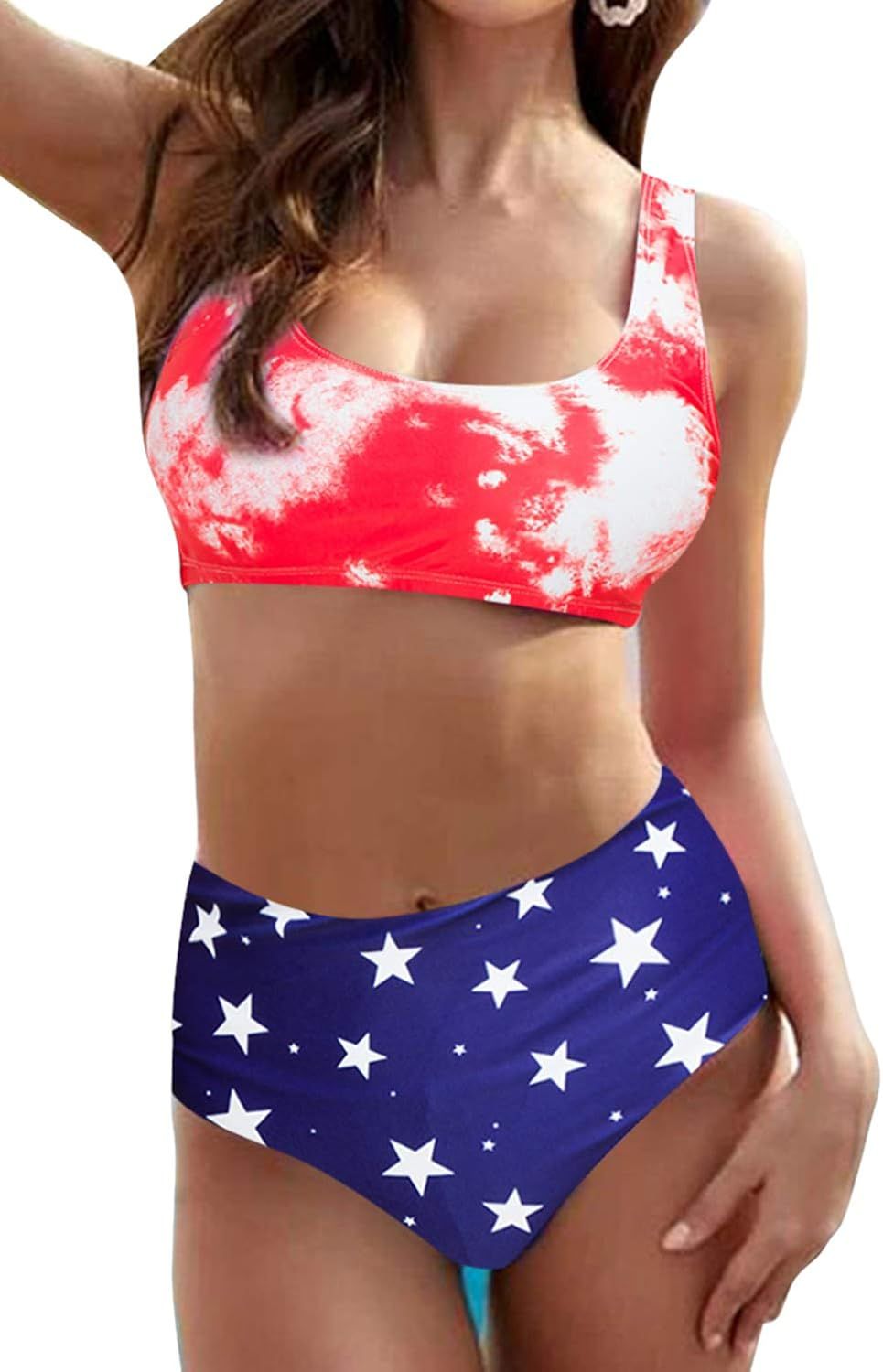 Womens High Waisted Bikini Tie Dye Bandeau Top Rainbow Sports Style Low Scoop Crop Swimsuits Two Pie | Amazon (US)