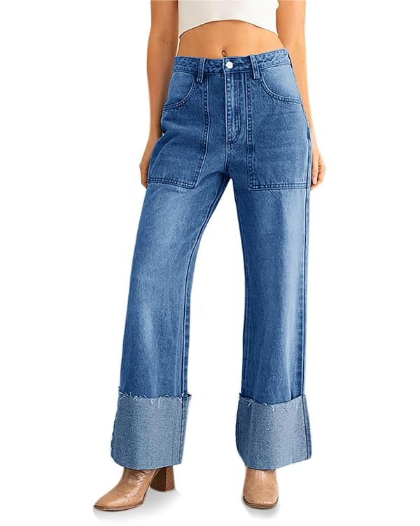 PLNOTME Womens Baggy Cuffed Jeans Casual Straight Leg Boyfriend Denim Pants with Pockets | Amazon (US)