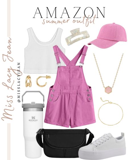 Amazon casual outfit includes pink overalls, cropped tank, sneakers, cross body purse, Stanley tumbler, gold bracelet, necklace, earrings, hair clip, and pink baseball cap.

Outfit, summer outfit, OOTD, Amazon finds, summer outfit finds

#LTKfindsunder50 #LTKstyletip #LTKshoecrush