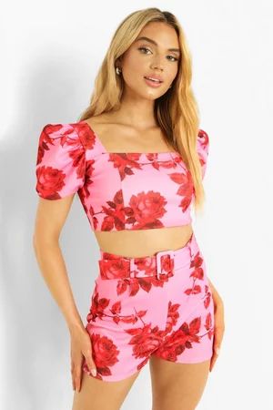 Floral Puff Sleeve Crop & Belted Shorts | Boohoo.com (US & CA)