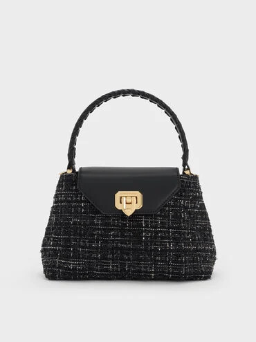 Black Arwen Tweed Quilted Braided-Strap Top Handle Bag | CHARLES & KEITH | Charles & Keith CA