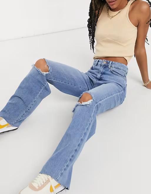 Stradivarius straight leg 90s jeans with rips in blue | ASOS (Global)