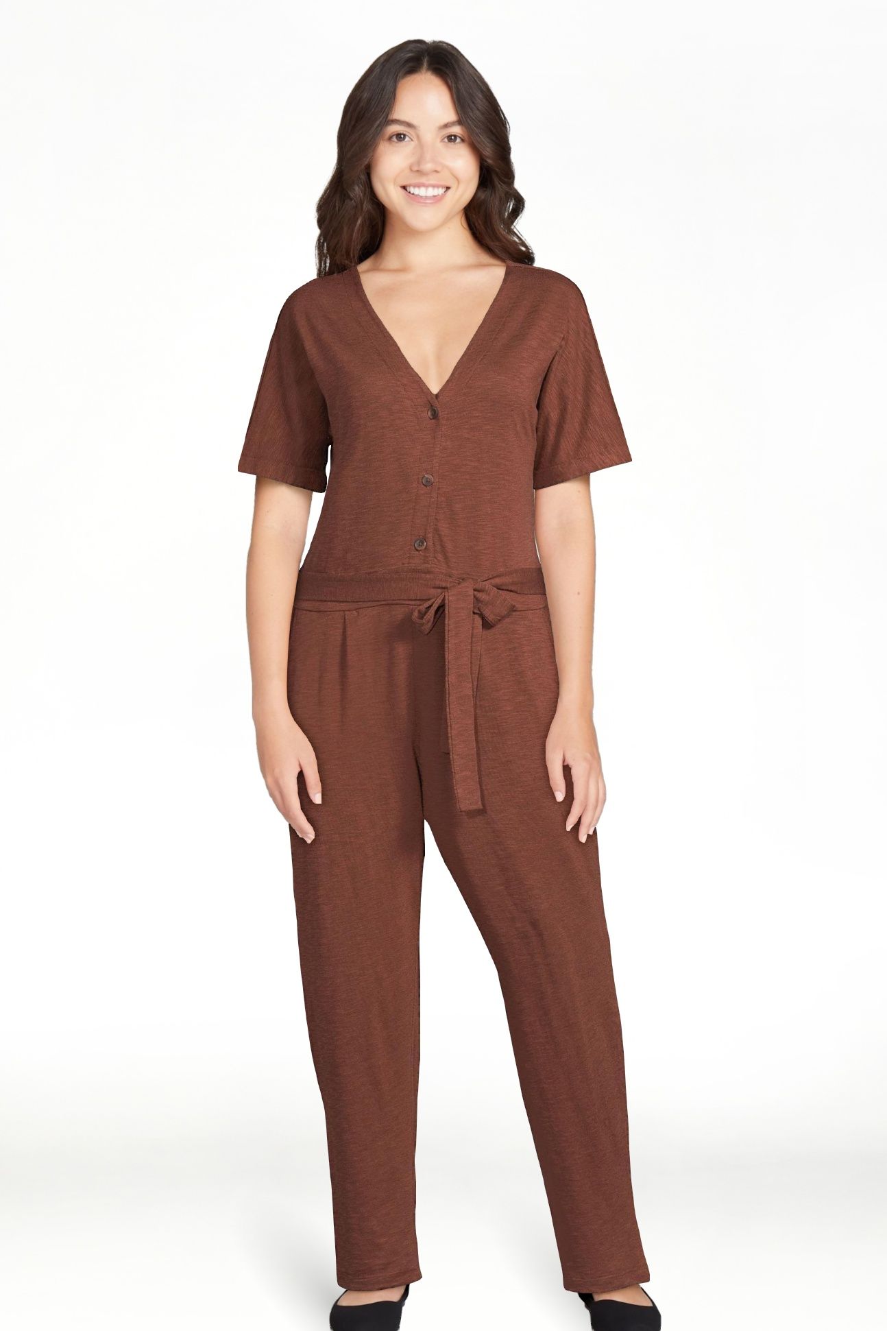 Time and Tru Women's Short Sleeve Knit Jumpsuit with Belt | Walmart (US)