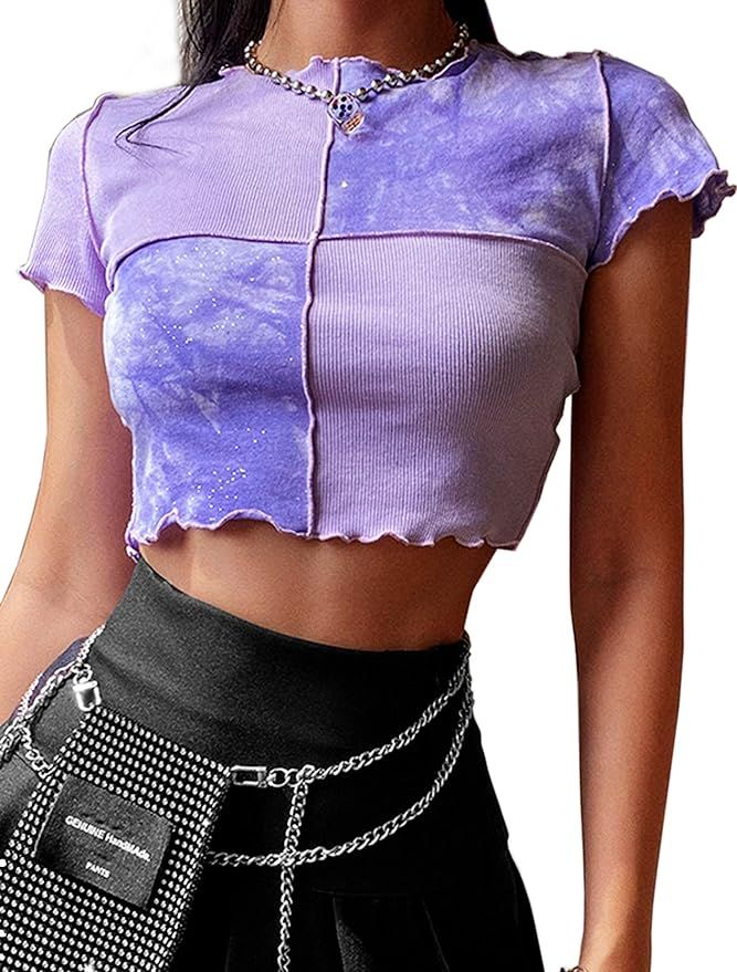 Meladyan Women’s Tie Dye Patchwork Short Sleeve Crop Tshirt Ribbed Knit Lettuce Trim Cropped Te... | Amazon (US)