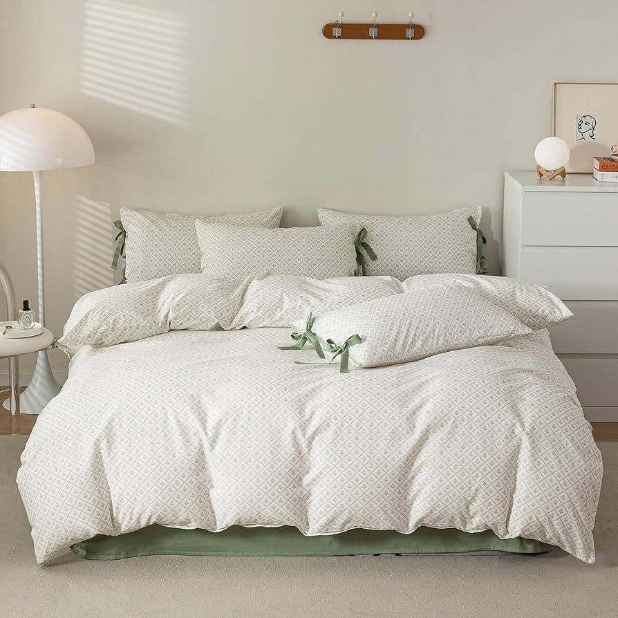 AOJIM Duvet Cover Set Plaid Design, 100% Cotton Comforter Cover with Pink Floral Pattern, Bedding... | Amazon (US)