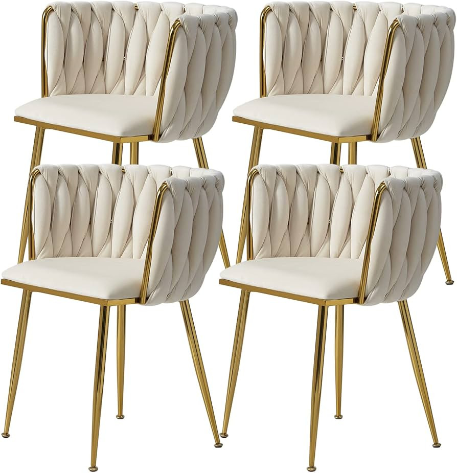 Velvet Dining Chairs Set of 4, Modern Dining Chair with Golden Metal Legs, Woven Upholstered Dini... | Amazon (US)