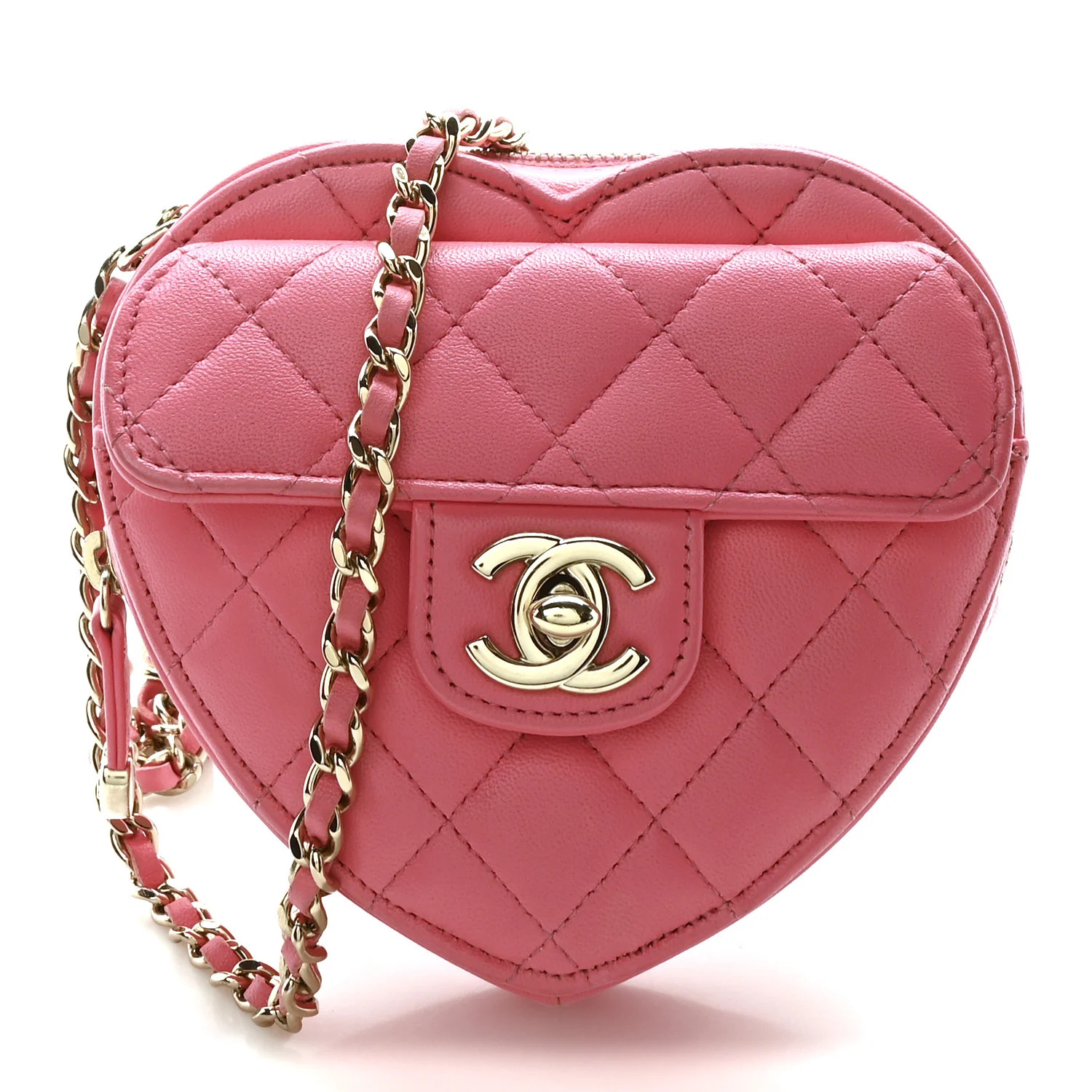 Lambskin Quilted CC In Love Heart Clutch With Chain Pink | FASHIONPHILE (US)