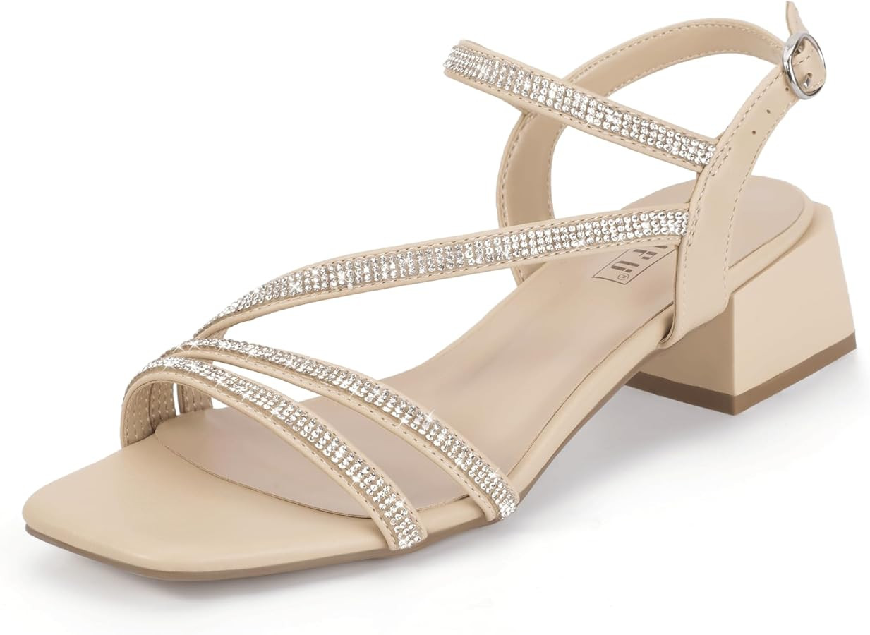 IDIFU IN2 Rhinestone Strappy Heels for Women Low Block Chunky Heels Square Open Toe Slingback Hee... | Amazon (US)
