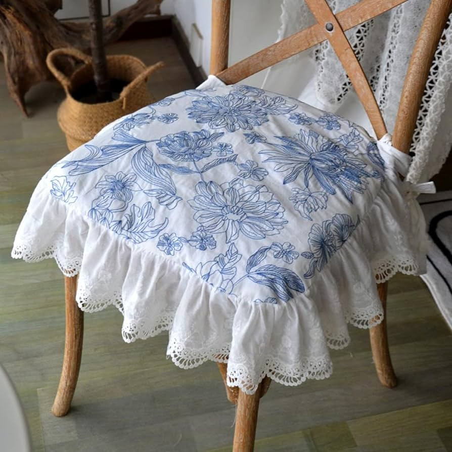 Floral Ruffled Chair Pad Blue & White Flower Print Chair Cushion Vintage Farmhouse, Country Cotta... | Amazon (US)