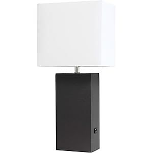 Elegant Designs LT1053-BLK Modern Leather USB and White Fabric Shade Table Lamp, Black | Amazon (US)