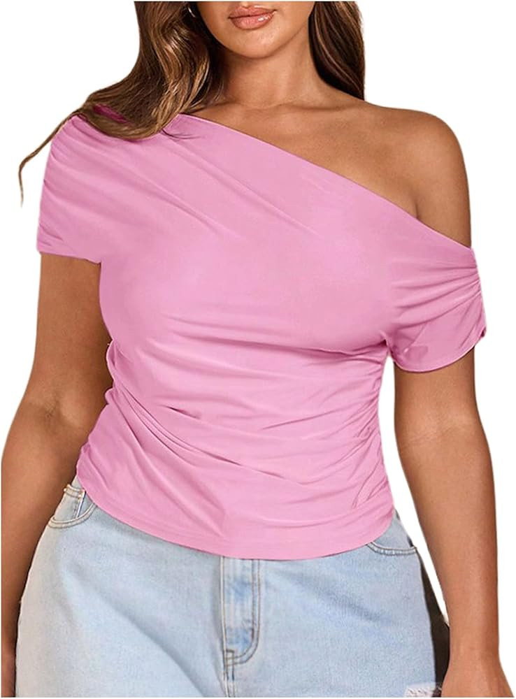 WDIRARA Women's Plus Size Off Shoulder Tee Shirt Ruched Asymmetrical Short Sleeve Tops | Amazon (US)