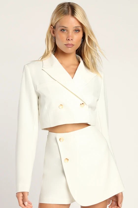 Suit 'Em Up White Double-Breasted Cropped Blazer | Lulus (US)