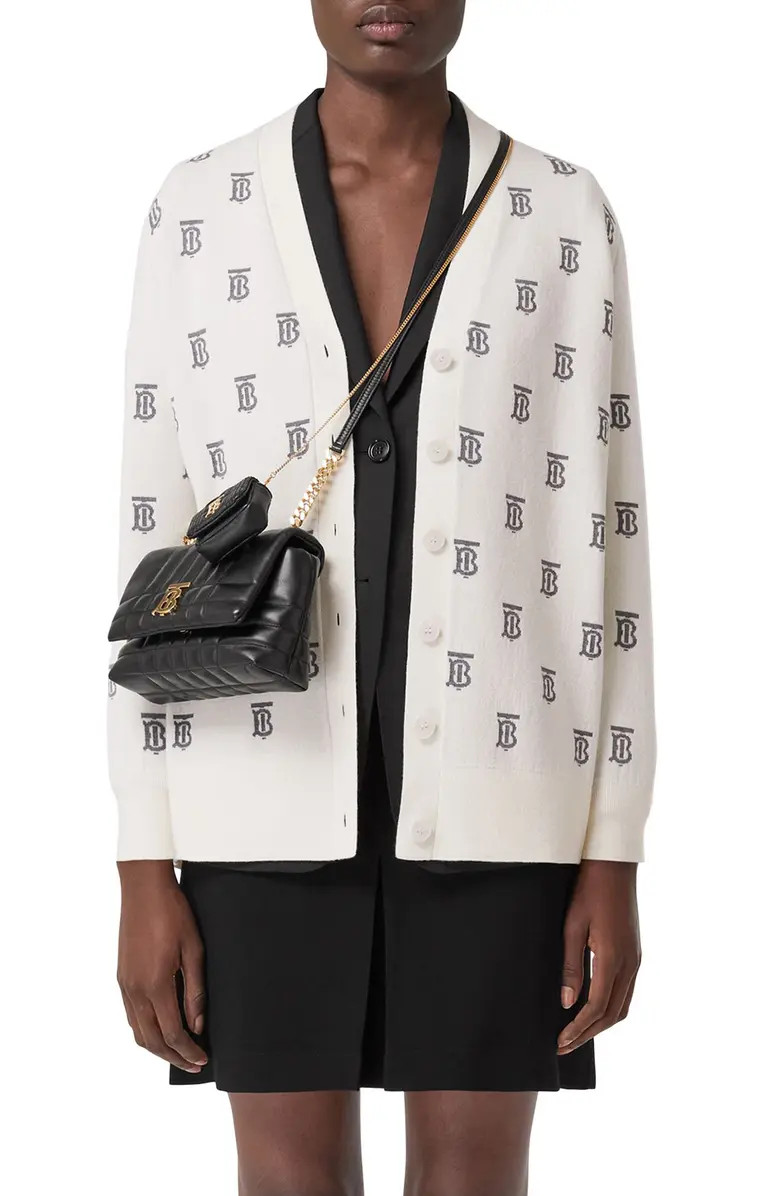 Salena TB Logo Jacquard Wool & Silk Blend Cardigan | Nordstrom