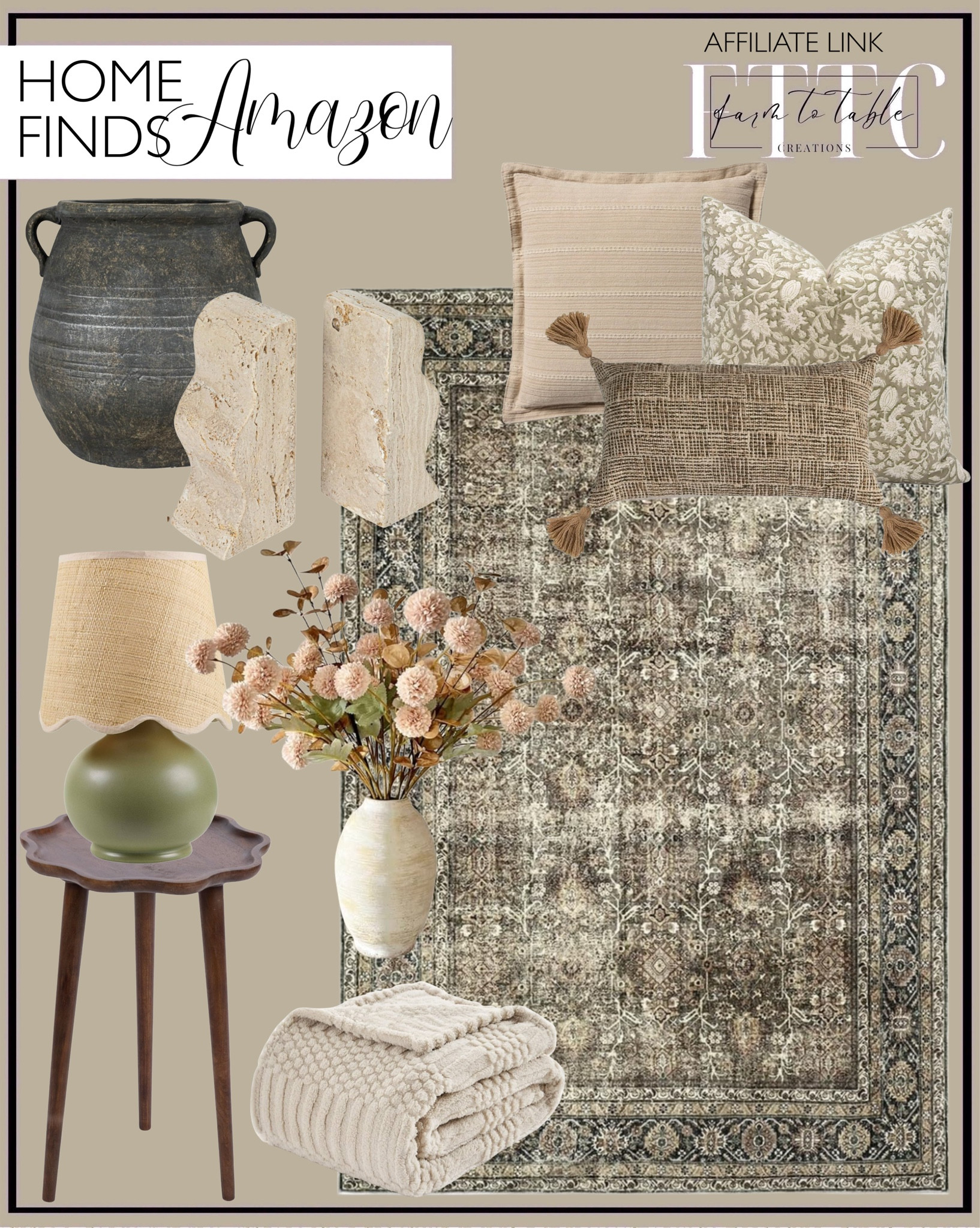 Amazon Home Finds. Follow @farmtotablecreations on Instagram for more inspiration.

Wooden round side table. Vintage washable rug. Travertine book ends. Brown glass vase. Creative co-op white washed terra-cotta gray vase. Woven cotton lumbar. Loloi pillow cover. Block print throw pillow. Cozy throw blanket. Bedside table lamp. Beige Flowers Artificial + Eucalyptus, Fake Mums Long Stem Flowers, Tan Nude Cream Neutral Flowers. Ceramic vase.

Cozy Corner | Bathroom | Curated Entryway | Spring  Decor | End of Year Clearance | Trending Decor | Viral Decor | Amazon Holiday | Bedroom corner | Coffee Table Decor | Neutral Decor | Fall Stem Sale | Target Finds | Skinny Bench | Bedroom | Living Room | Breakfast Nook | Amazon Home | Target Sale | Loloi Rugs | Magnolia Home | console table | console table styling | faux stems | entryway space | front porch decor | neutral decor | entryway decor | cozy home | affordable decor |  home decor | home inspiration | console styling | entryway rug | cozy moody home | moody home decor | neutral home | bathroom decor | living room | spring decor | Hearth & Hand | Studio McGee





#LTKSaleAlert #LTKHome #LTKFindsUnder50