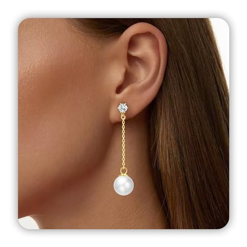 Trinckle Pearl Earrings Dangling, 14k Gold Pearl Earrings for Women Dangle Pearl Earrings Dainty Long Chain Earrings Simple Statement Earrings for Girls Wedding Bridal Birthday Valentines Day Jewelry | Amazon (US)