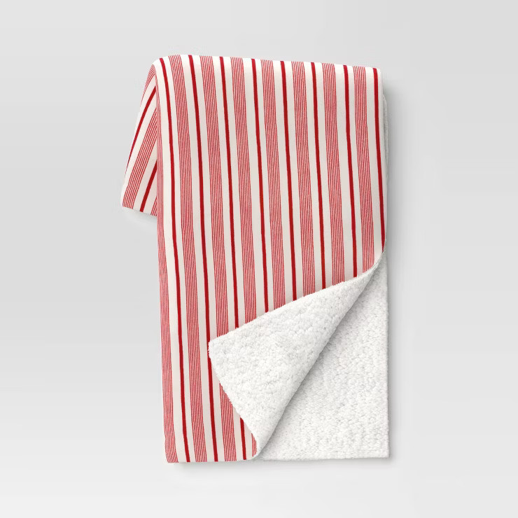 Striped Printed Plush Christmas Throw Blanket with Faux Shearling Reverse Ivory/Red - Threshold... | Target