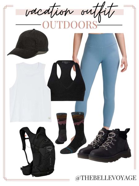 Summer outdoor adventure outfit.  Perfect for hiking or exploring National or state parks.  Hiking boots, leggings, wool socks, sports bra and loose tank top.

#LTKtravel #LTKfit #LTKSeasonal