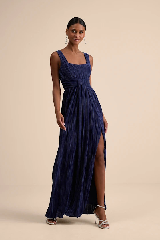 Ameena Navy Blue Plisse Square Neck Sash Maxi Dress | Lulus