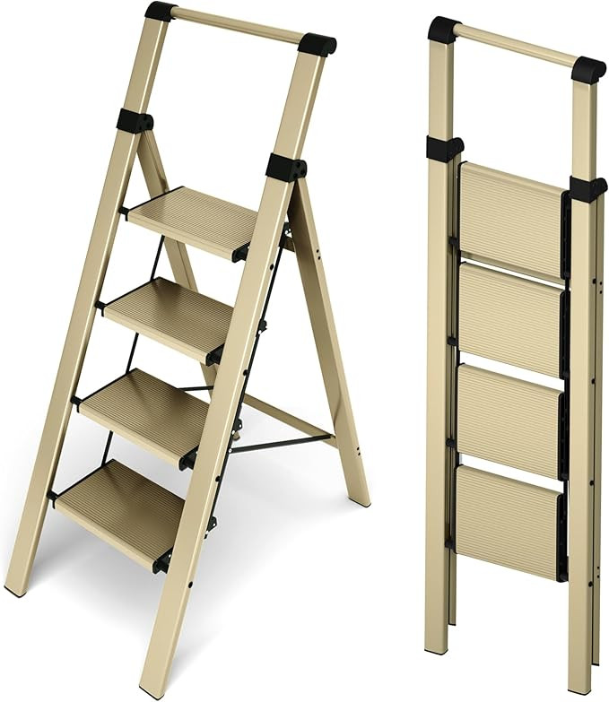 4 Step Foldable Aluminum Step Ladder with Handgrip, Anti-Slip Pedal, 330 lbs Capacity, Lightweigh... | Amazon (US)
