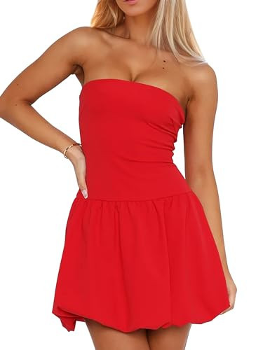 Meladyan Women’s Strapless Tube Bubble Dress Cute Summer Mini Short Dresses Bandeau Corset Party Dress Red | Amazon (US)