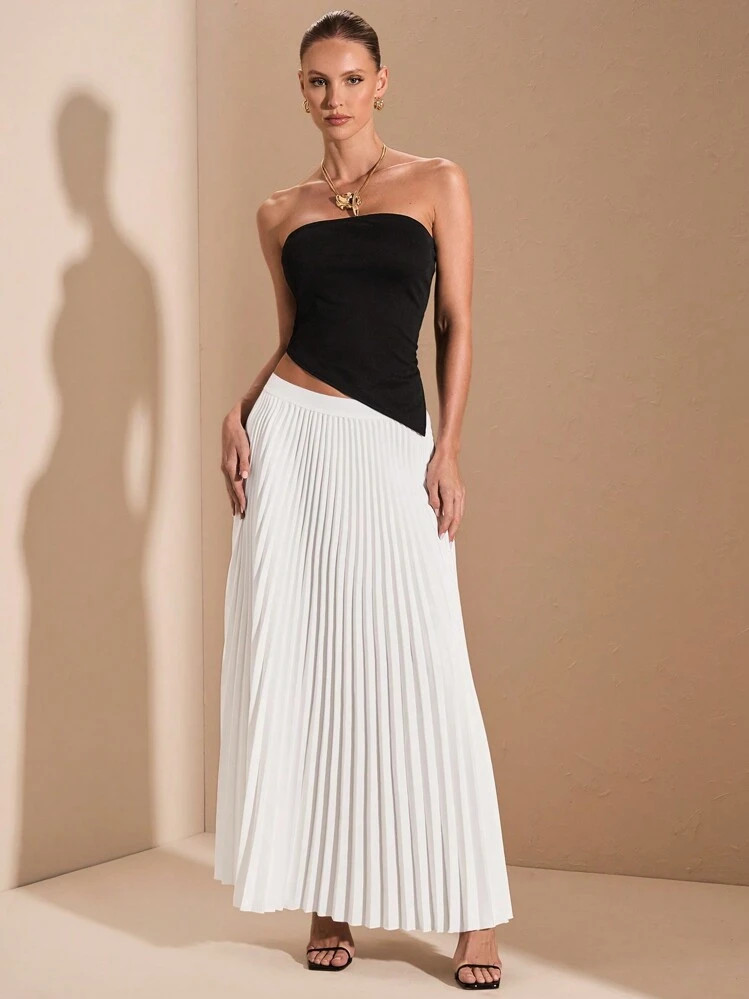 SHEIN BAE Women Casual Black Top + White Pleated Hem Skirt 2-Piece Outfit, Autumn | SHEIN