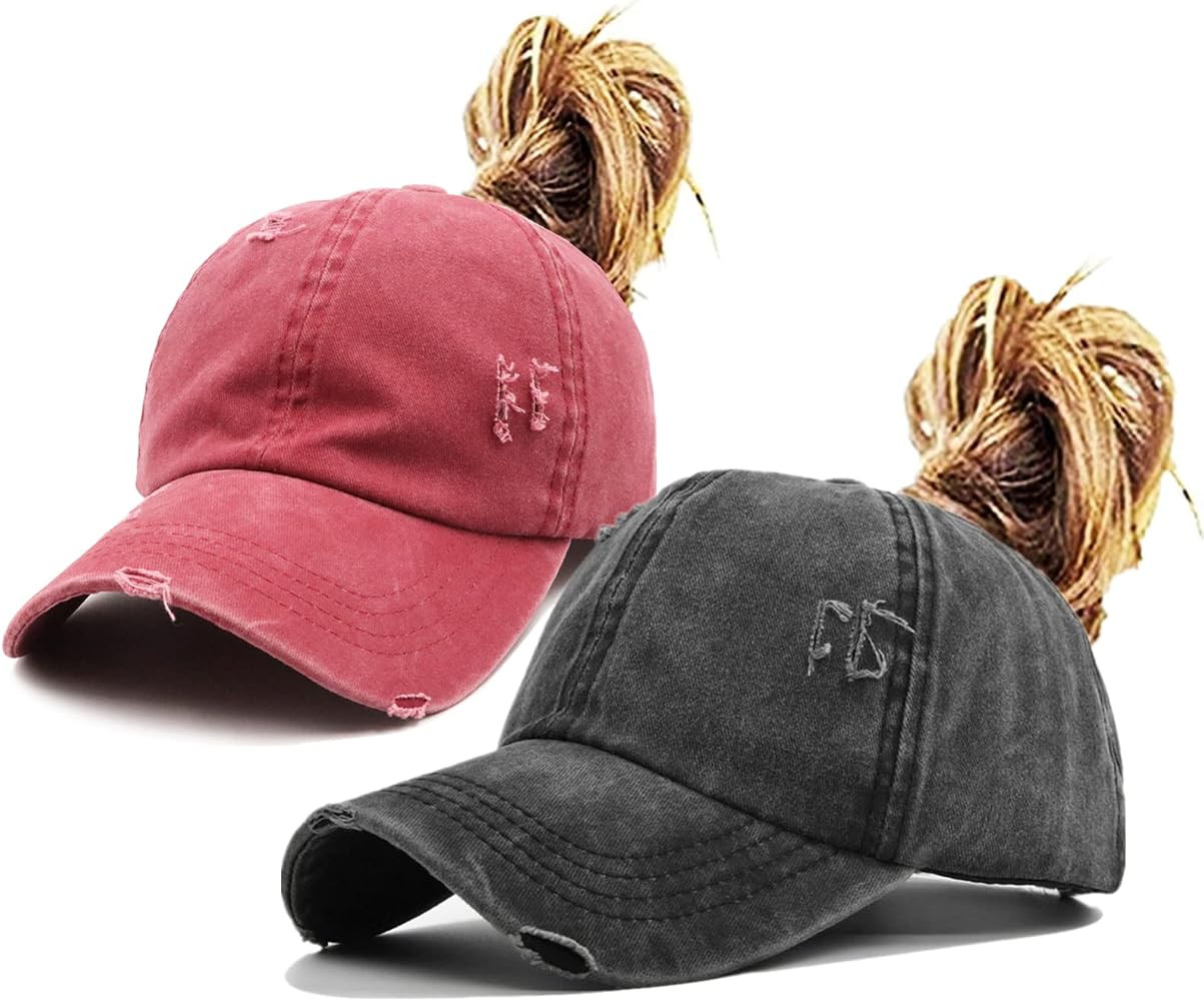 Womens High Ponytail Messy Bun Baseball Caps Distressed Unconstructed Hats | Amazon (US)