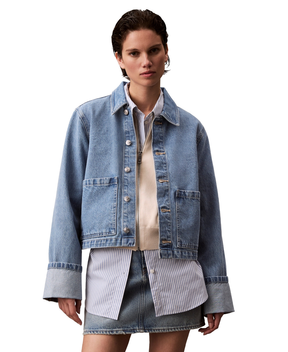 Calvin Klein Jeans Women's Cuffed Long-Sleeve Denim Jacket - Blue Escape | Macy's