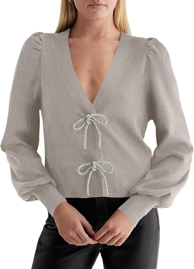 Saodimallsu Womens Bow Button Front Cardigan Sweaters V Neck Cropped Knit Sweater | Amazon (US)
