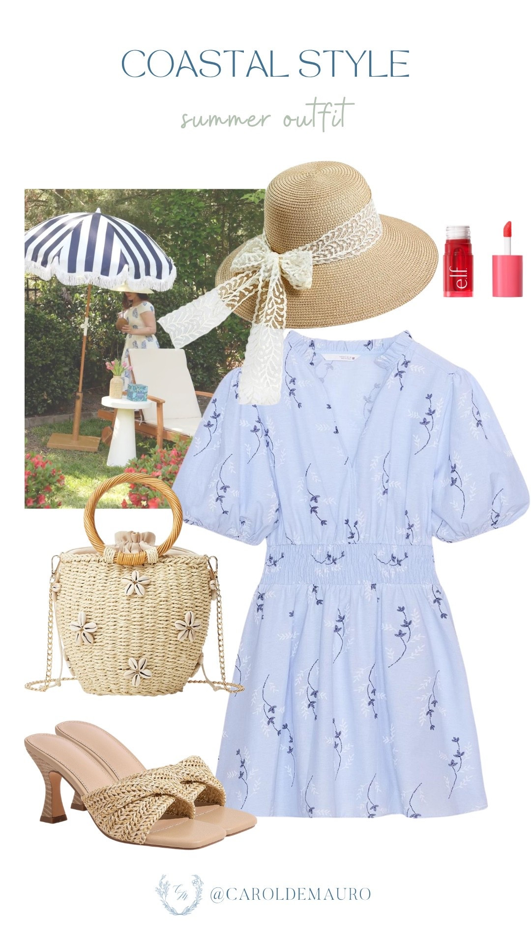 summer outfit, mini dress, kitten heels, woven handbag, wide brim hat, bow hat, blue dress, coastal look, fashion inspo, petite style, modest look, coastal style

#LTKootd #LTKPetite #LTKU