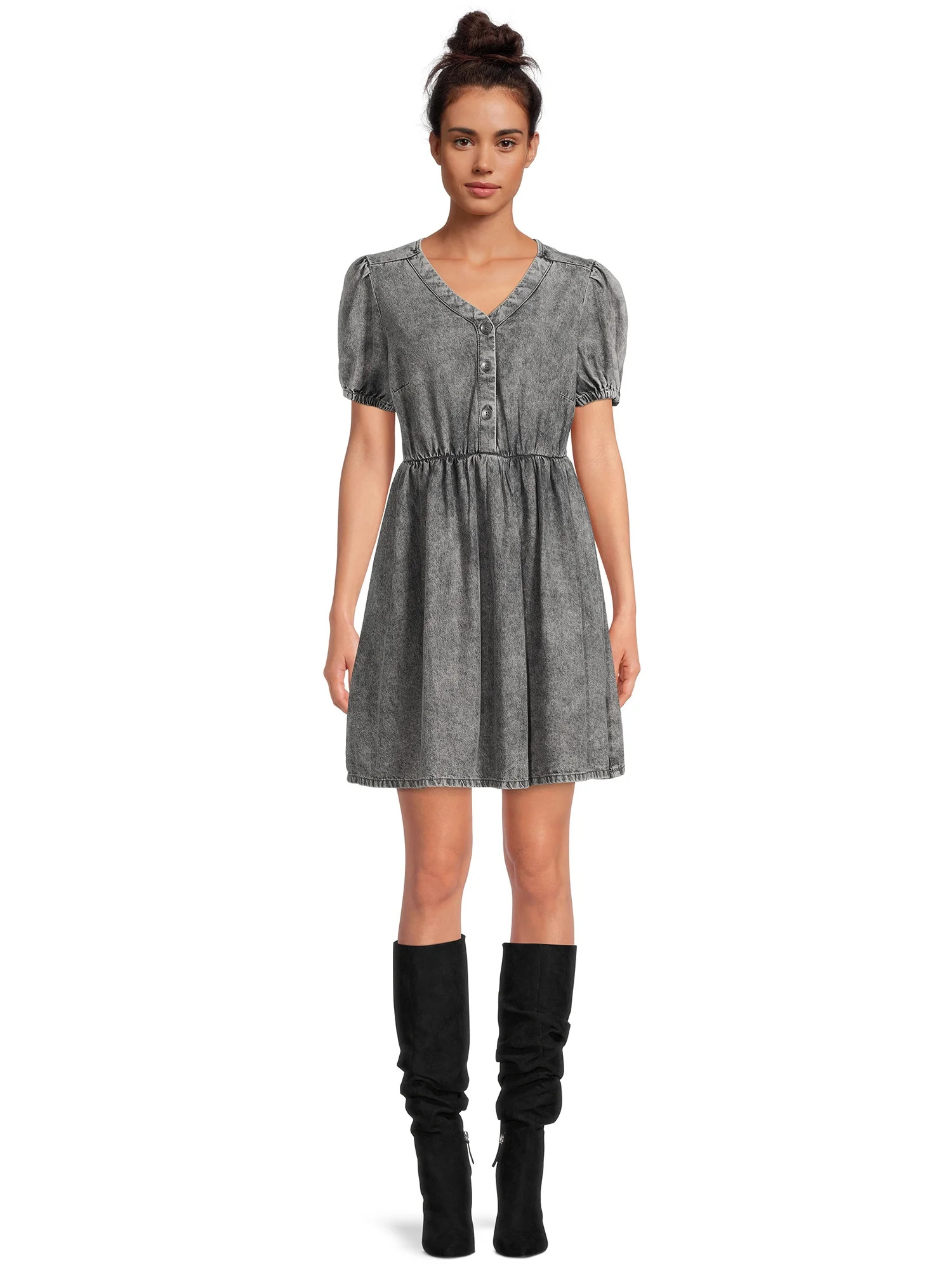 Time and Tru Women's Puff Sleeve Button Front Dress | Walmart (US)